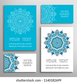 Greeting and business cards set. Mandala sign symbol, geometric floral round ornament. Colorful and lace pattern. Isolated design elements for logo, icon, label, emblem. Tribal ethnic decoration