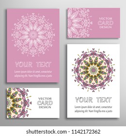 Greeting and business cards set. Mandala sign symbol, geometric floral round ornament. Colorful and lace pattern. Isolated design elements for logo, icon, label, emblem. Tribal ethnic decoration