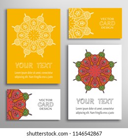 Greeting and business cards set. Mandala sign symbol, geometric floral round ornament. Colorful and lace pattern. Isolated design elements for logo, icon, label, emblem. Tribal ethnic decoration