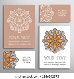 Greeting and business cards set. Mandala sign symbol, geometric floral round ornament. Colorful and lace pattern. Isolated design elements for logo, icon, label, emblem. Tribal ethnic decoration