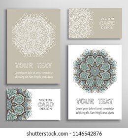 Greeting and business cards set. Mandala sign symbol, geometric floral round ornament. Colorful and lace pattern. Isolated design elements for logo, icon, label, emblem. Tribal ethnic decoration