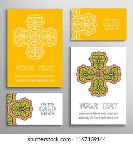 Greeting and business cards set. Mandala sign symbol, geometric floral round ornament. Colorful and lace pattern. Isolated design elements for logo, icon, label, emblem. Tribal ethnic decoration