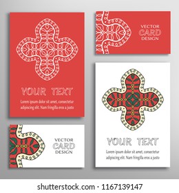 Greeting and business cards set. Mandala sign symbol, geometric floral round ornament. Colorful and lace pattern. Isolated design elements for logo, icon, label, emblem. Tribal ethnic decoration