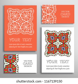 Greeting and business cards set. Mandala sign symbol, geometric floral round ornament. Colorful and lace pattern. Isolated design elements for logo, icon, label, emblem. Tribal ethnic decoration