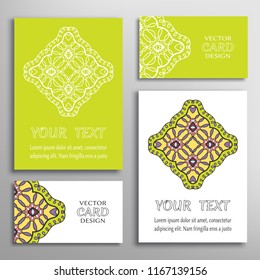 Greeting and business cards set. Mandala sign symbol, geometric floral round ornament. Colorful and lace pattern. Isolated design elements for logo, icon, label, emblem. Tribal ethnic decoration