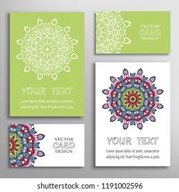 Greeting and business cards set. Mandala sign symbol, geometric floral round ornament. Colorful and lace pattern. Isolated design elements for logo, icon, label, emblem. Tribal ethnic decoration