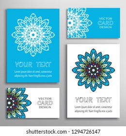 Greeting and business cards set. Mandala sign symbol, geometric floral round ornament. Colorful and lace pattern. Isolated design elements for logo, icon, label, emblem. Tribal ethnic decoration