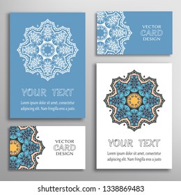 Greeting and business cards set. Mandala sign symbol, geometric floral round ornament. Colorful and lace pattern. Isolated design elements for logo, icon, label, emblem. Tribal ethnic decoration