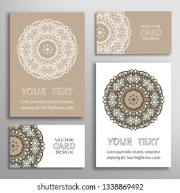 Greeting and business cards set. Mandala sign symbol, geometric floral round ornament. Colorful and lace pattern. Isolated design elements for logo, icon, label, emblem. Tribal ethnic decoration