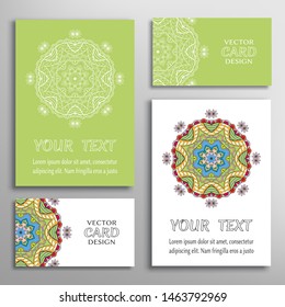 Greeting and business cards set. Mandala sign symbol, geometric floral round ornament. Colorful and lace pattern. Isolated design elements for logo, icon, label, emblem. Tribal ethnic decoration