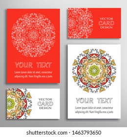 Greeting and business cards set. Mandala sign symbol, geometric floral round ornament. Colorful and lace pattern. Isolated design elements for logo, icon, label, emblem. Tribal ethnic decoration