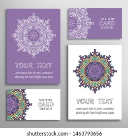 Greeting and business cards set. Mandala sign symbol, geometric floral round ornament. Colorful and lace pattern. Isolated design elements for logo, icon, label, emblem. Tribal ethnic decoration