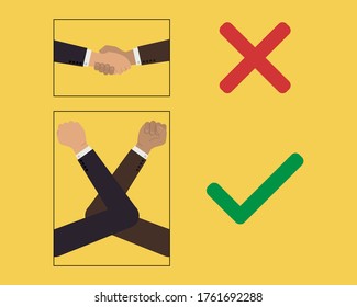 greeting by using elbow, not to shake hands with hands during corona virus pandemic to avoid transmission concept