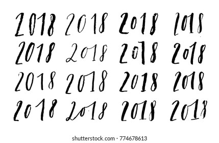 Greeting calligraphy set for 2018 New Year of the Dog. Black numbers 2018 hand drawn lettering collection on white background. Vector illustration