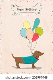 greeting car with balloons and dog. happy birthday vector background with dog, dog bone, confetti and garland. kid greeting card template.