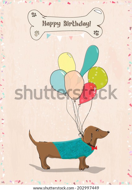greeting car with balloons and dog. happy\
birthday vector background with dog, dog bone, confetti and\
garland. kid greeting card\
template.