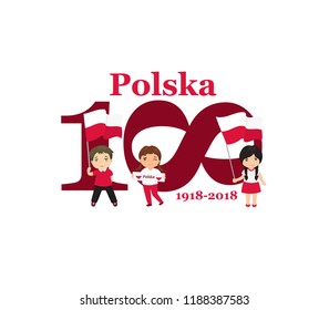 Greeting Card 100 anniversary of the independence of Poland . November 11th Kids logo. Text in Polish: Poland 1918-2018