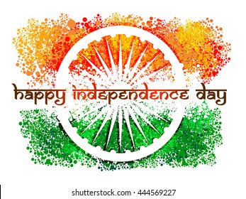 Greeting card 15th August on Ashoka Wheel against the background of the national flag of India, vector background for Indian Independence Day celebration.