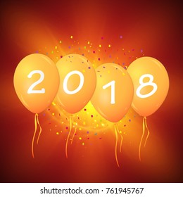 Greeting card 2018 Christmas or new year card with realistic red balloons and numbers on white background over a light beams. E-mail greetings, web decoration. Vector illustration