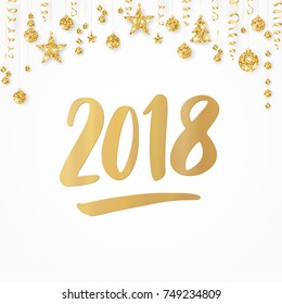 Greeting card with 2018 hand drawn numbers on white. Golden glitter border with hanging balls, stars and ribbons. For calendars, Christmas and New Year banners, posters, gift tags and labels.