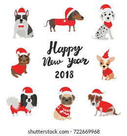 Greeting card for 2018. Happy new year. Dogs in costumes Santa Claus