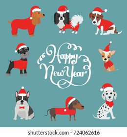 Greeting card for 2018. Happy new year. Dogs in costumes Santa Claus