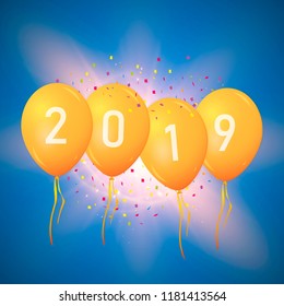Greeting card 2019 Christmas or new year card with realistic red balloons and numbers on white background over a light beams. E-mail greetings, web decoration. Vector illustration