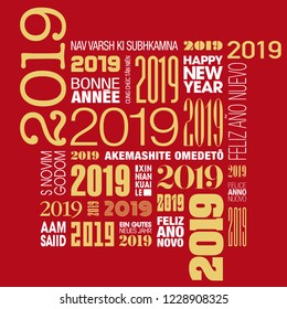 Greeting card 2019 in red, yellow and white colors, with an assembly of figures of different types and text in several languages - Translation: happy new year.