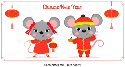 Greeting card with 2020 Chinese New Year. Two cute mouse or rat in Chinese traditional red costumes are holding a flashlight and mandarin. Frame with red lanterns. Cartoon style, vector. - Shutterstock ID 1626790894