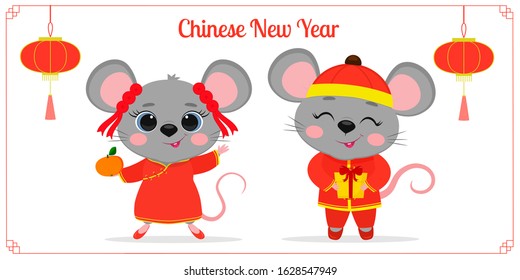 Greeting card from 2020 Chinese New Year. Two cute mice or rats in Chinese traditional red costumes are holding a mandarin and a gift. Frame with red lights. Cartoon style, vector.