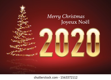 Greeting card 2020 with classic design on a red background, with the traditional Christmas tree, made with a golden garland to wish a merry Christmas.