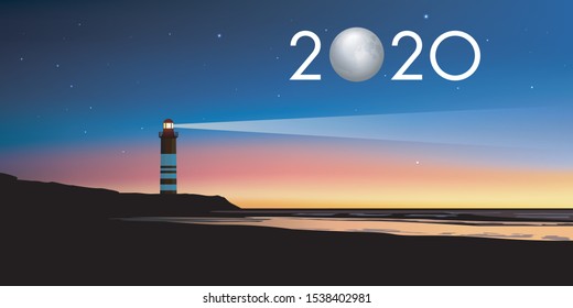 Greeting card 2020 with the concept of the lighthouse symbolizing the landmark to follow the right direction to meet the challenges and crown them with success.