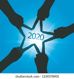 Greeting Card 2020, with five hands forming a star, symbol of union and partnership, to achieve the goals of the new year.