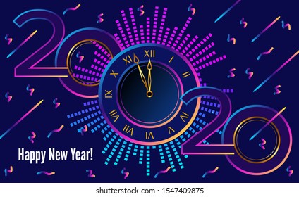 Greeting card 2020 happy new year. flying Rainbow particles on dark background. Modern futuristic style. for design card or banner.