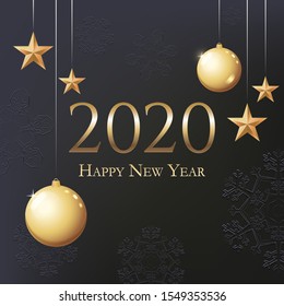 Greeting Card 2020 Happy New Year. Illustration with gold Christmas balls, stars and place for text. Flyer, poster, invitation or banner for New Year's 2020 Eve Party celebration. Black background