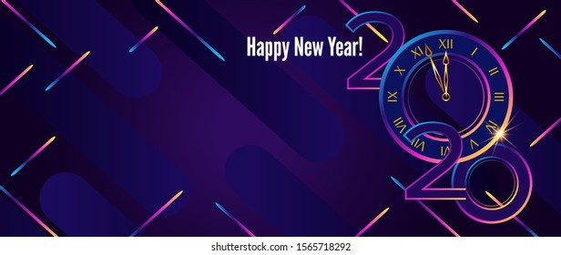 Greeting card 2020 happy new year. Christmas flying sparks on dark background. Background  Modern futuristic style with chaotic rainbow stripes. 