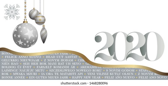 Greeting Card 2020 Multi Languages decorated Christmas symbols and balls - vector illustration silver - text translation: happy new year.