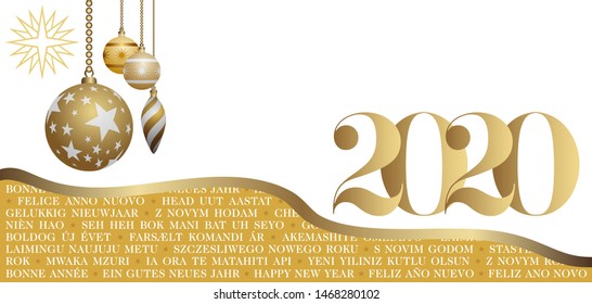 Greeting Card 2020 Multi Languages Decorated Christmas Balls - Gold Vector Illustration on White Background - Text Translation: Happy New Year.