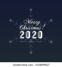 Greeting card for 2020 new year with  abstract snowflake and inscription Merry Christmas! Cut out of white paper sign 2020, snowflake and hand lettering Merry Christmas