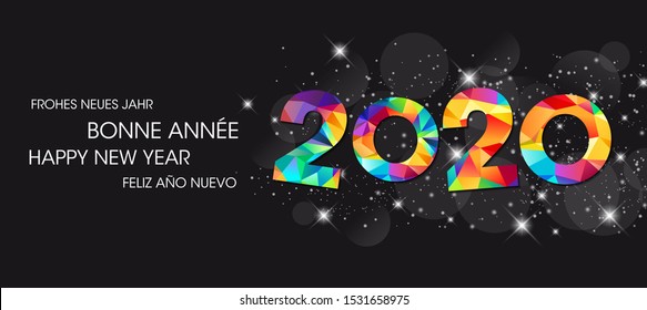 Greeting card for 2020 new year.
Text means Happy New Year in Spanish, French, and German