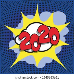 Greeting card 2020 with a pop art graphic symbolizing energy and motivation to start the new year.