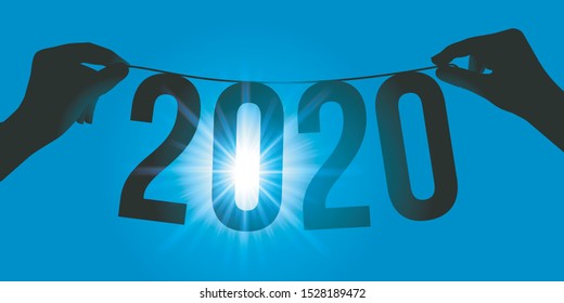 Greeting card 2020 presenting the year 2020 suspended in the sun, on a garland held by two hands.