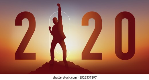 Greeting card 2020 showing a satisfied man raising his fist as a sign of victory after reaching his goal on reaching the top of a mountain.