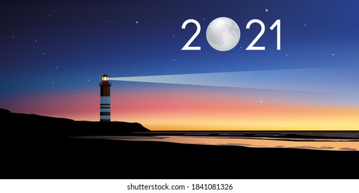 Greeting card 2021 with the concept of the lighthouse symbolizing the landmark to follow the right direction to meet the challenges and crown them with success.
