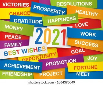 Tarjeta de felicitación 2021 con una multitud de etiquetas coloridas, con los mejores deseos para el Año Nuevo.