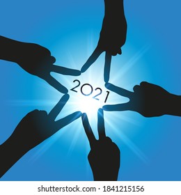 Greeting Card 2021, with five hands forming a star, symbol of union and partnership, to achieve the goals of the new year.