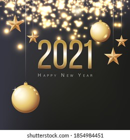 Greeting Card 2021 Happy New Year. Illustration with gold Christmas balls, stars and place for text. Flyer, poster, invitation or banner for New Year's 2021 Eve Party celebration. Black background