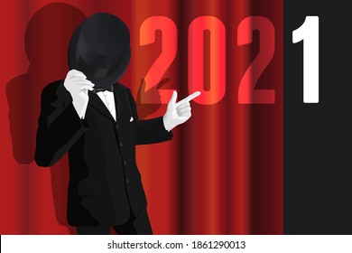 Greeting Card 2021 with a man in a suit who presents the new year by opening the red curtain on a stage show.