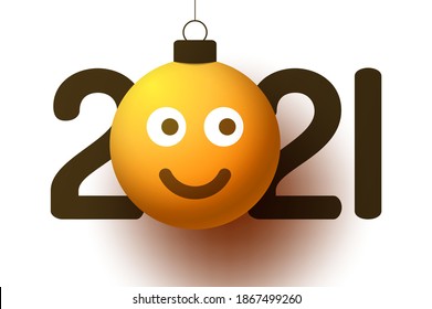 Greeting card for 2021 new year with smiling emoji face that hangs on thread like a christmas toy, ball or bauble. New year emotion concept vector illustration