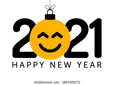 Greeting card for 2021 new year with smiling emoji face that hangs on thread like a christmas toy, ball or bauble. New year emotion concept vector illustration